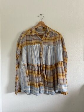 Free people Lightweight Yellow Plaid Button-Up Shirt with Blue Panels